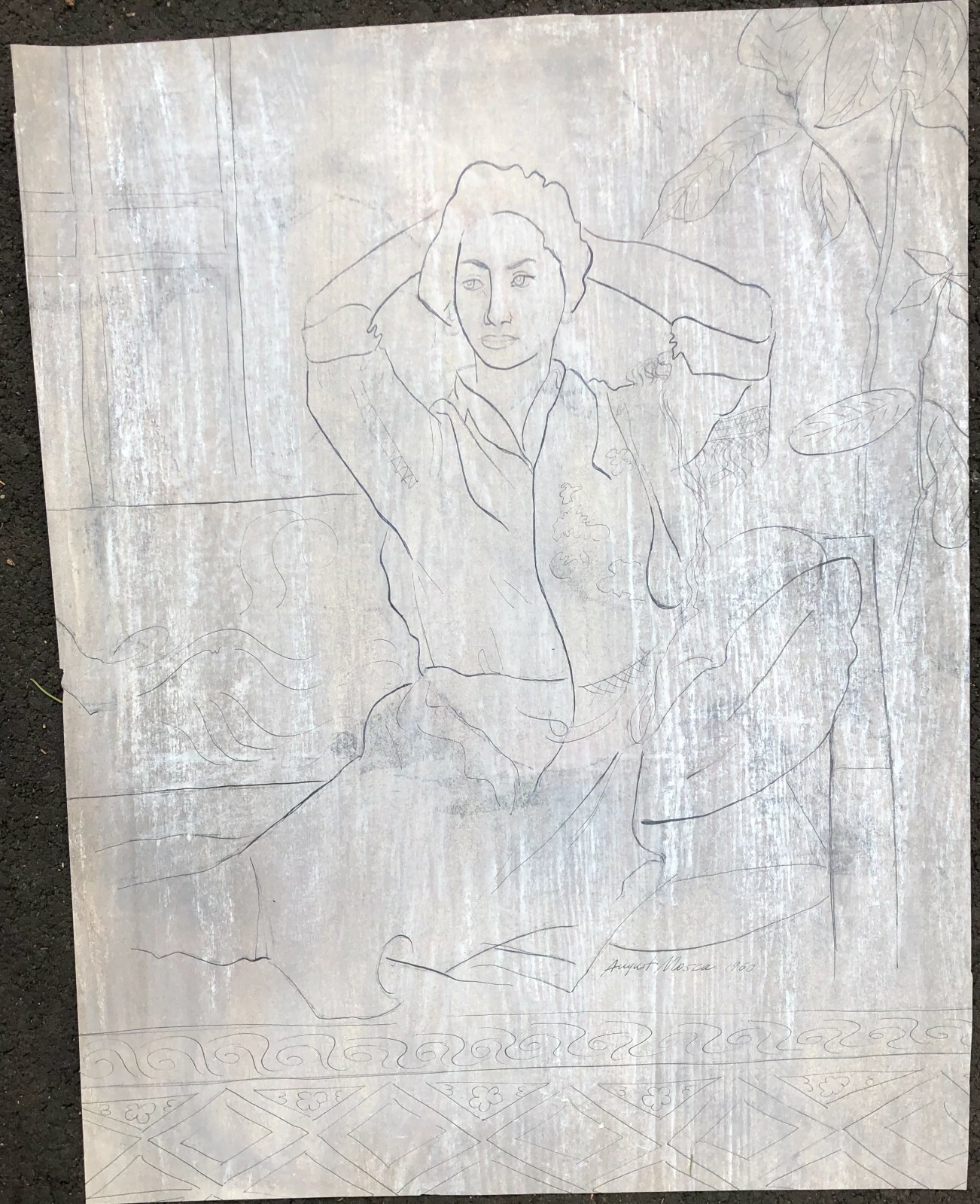 Woman in Shirt Dress & Plant-Oil Crayon&Pencil Drawing-Matisse-like1960-A. Mosca