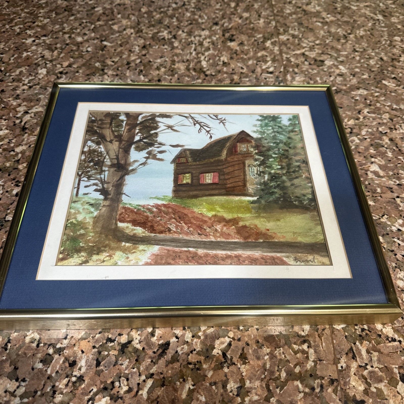 Rustic Cabin In The Woods Original Watercolor Signed Framed 11×13 inches VTG