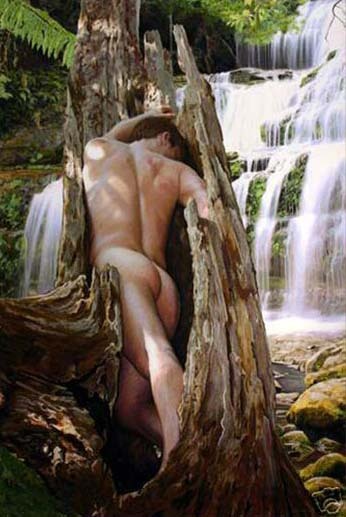Oil painting nude male portrait gay strong young man in Hollow Hand painted art