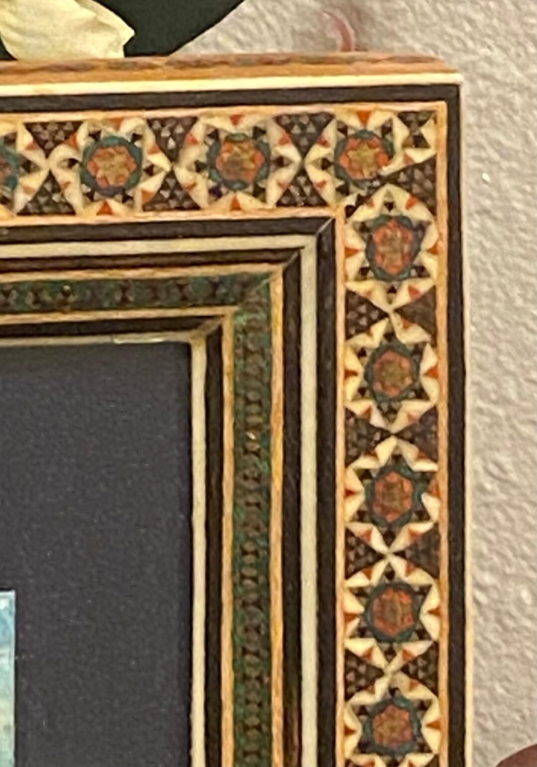 Persian Hand Painted Camel Bone Artwork in Wood Khatam Marquetry Frame Folk Art