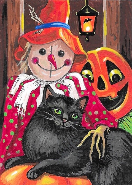 ACEO PRINT OF PAINTING RYTA HALLOWEEN FOLK ART SCARECROW BLACK CAT PUMPKIN FALL