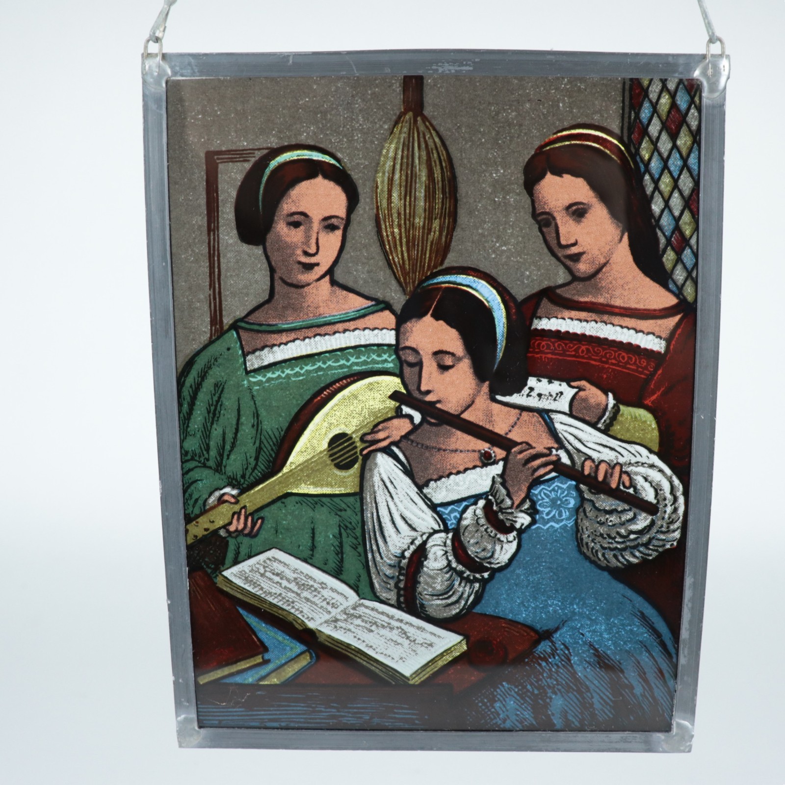 Antique German Reverse Hand-Painted Glass Framed Window Plaque – Music 7″ x 6″