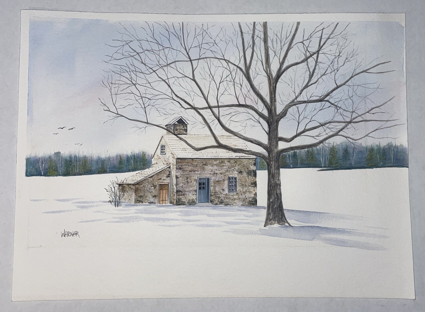 Vintage Watercolor Painting Farmhouse In Winter Signed WARNER