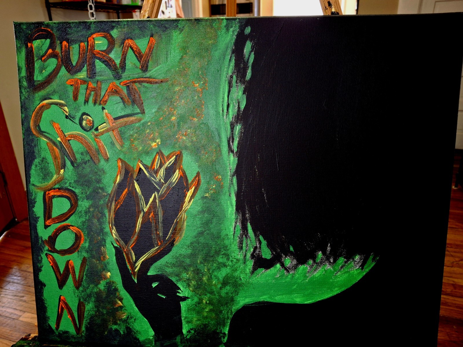 Acrylic Painting OOAK, Fire Silhouette Burn Self Love, Rage, Letting Go, Signed