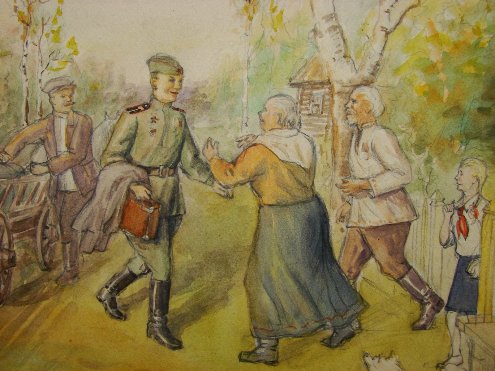 Ukrainian Soviet USSR watercolor Painting realism soldier after war WW2