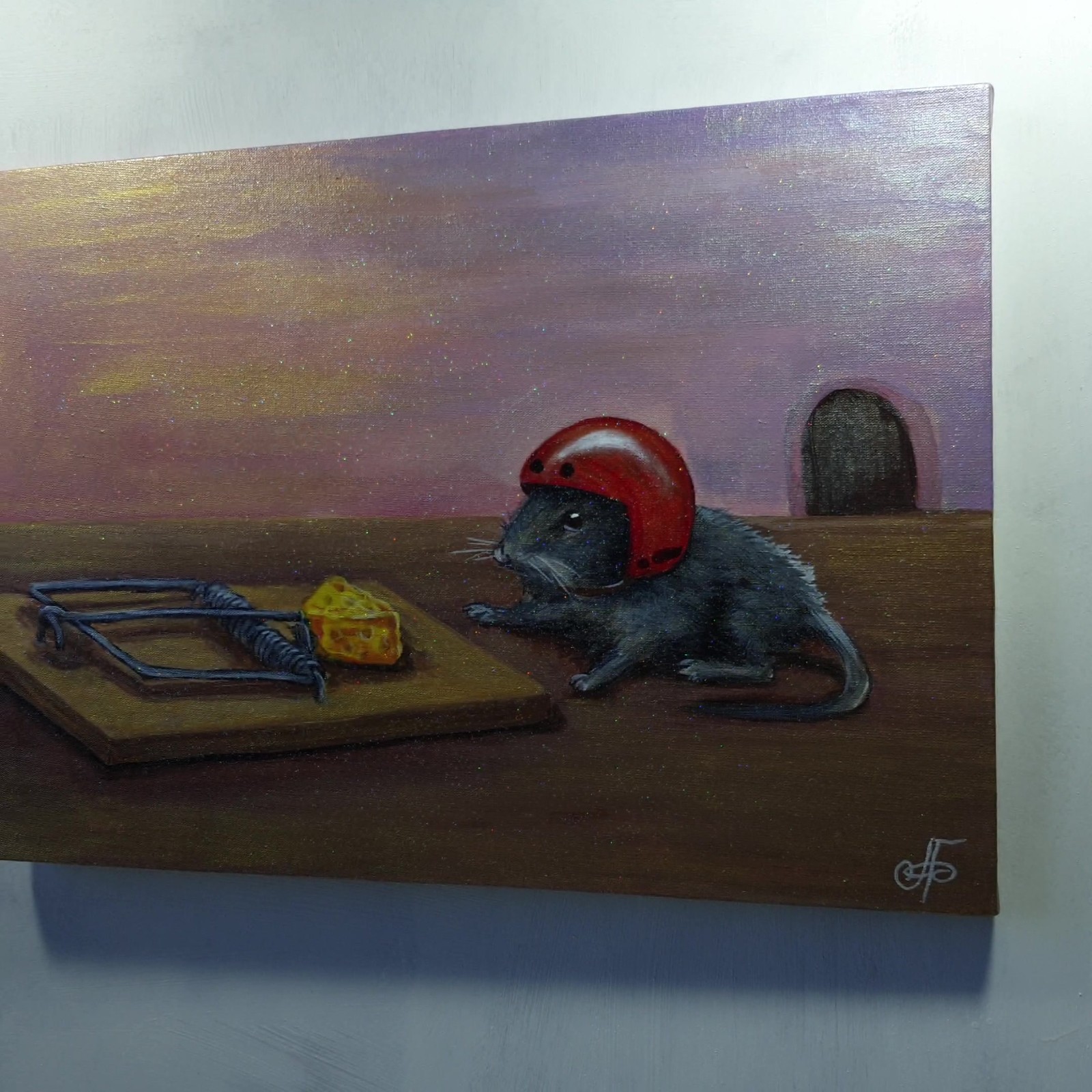 Original Acrylic Painting Thinking Mouse Red Helmet Cheese Trap Canvas Wall Art