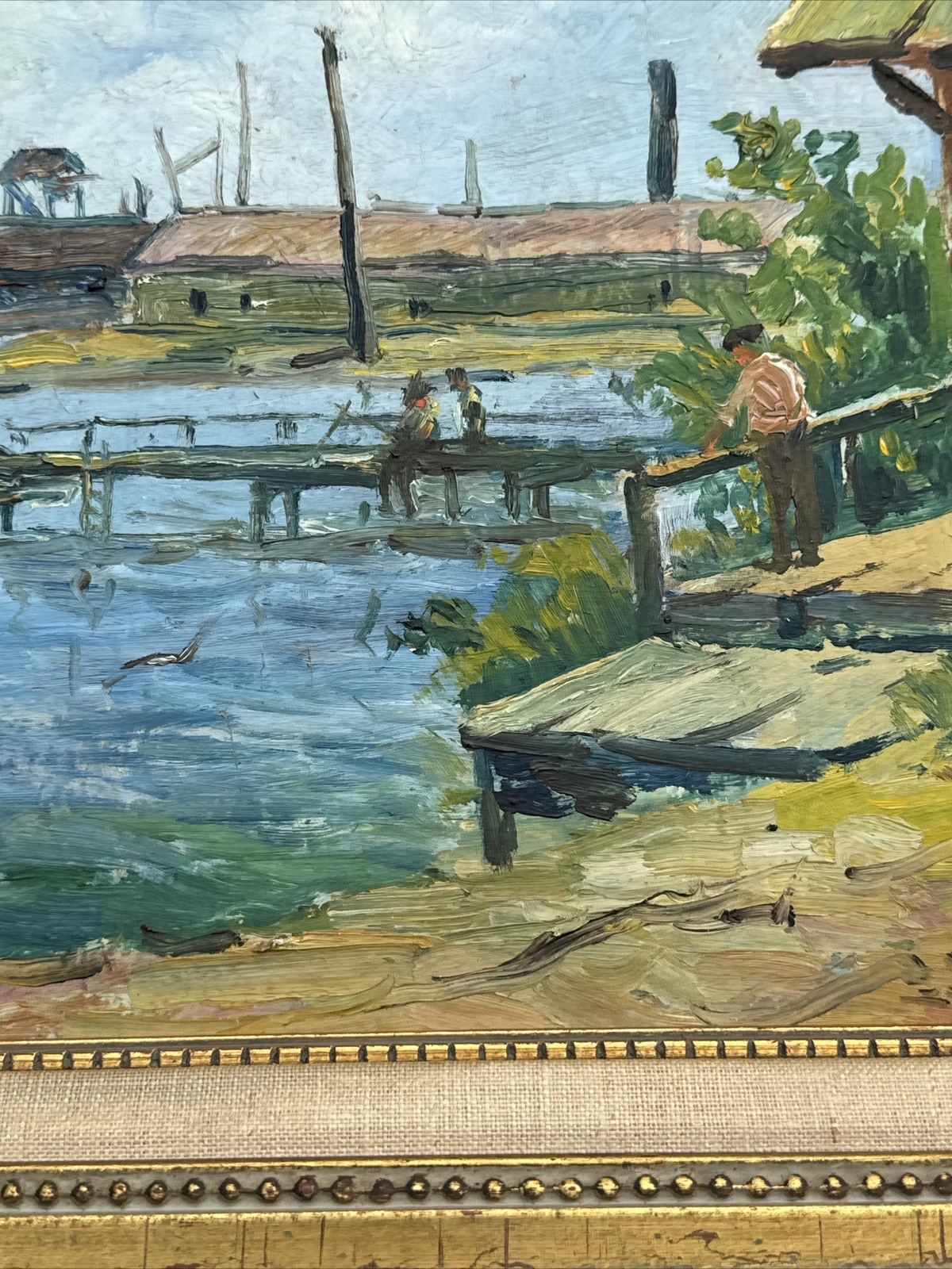ANTIQUE PAINTING IMPRESSIONISM REGIONALISM MARINA NAUTICAL PORT BOAT DOCK OLD
