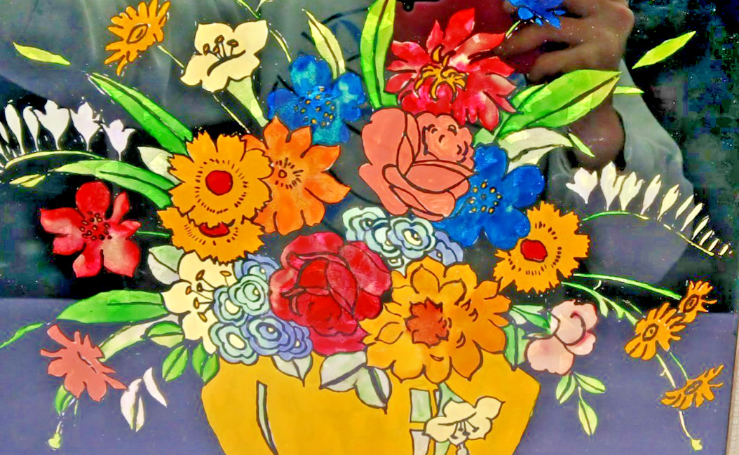 VINTAGE 1958 TINSEL REVERSE GLASS FRAMED PAINTING FLORAL BOUQUET FOLK ART NICE