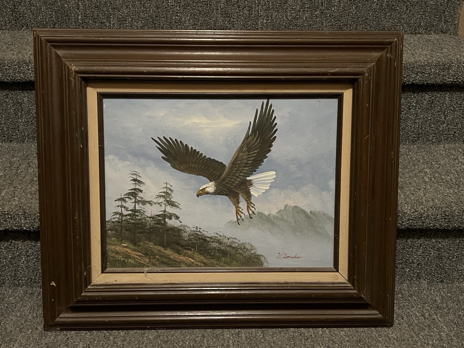 Original Framed Oil Painting on Canvas Eagle in Flight by W. Amadio Signed Vtg