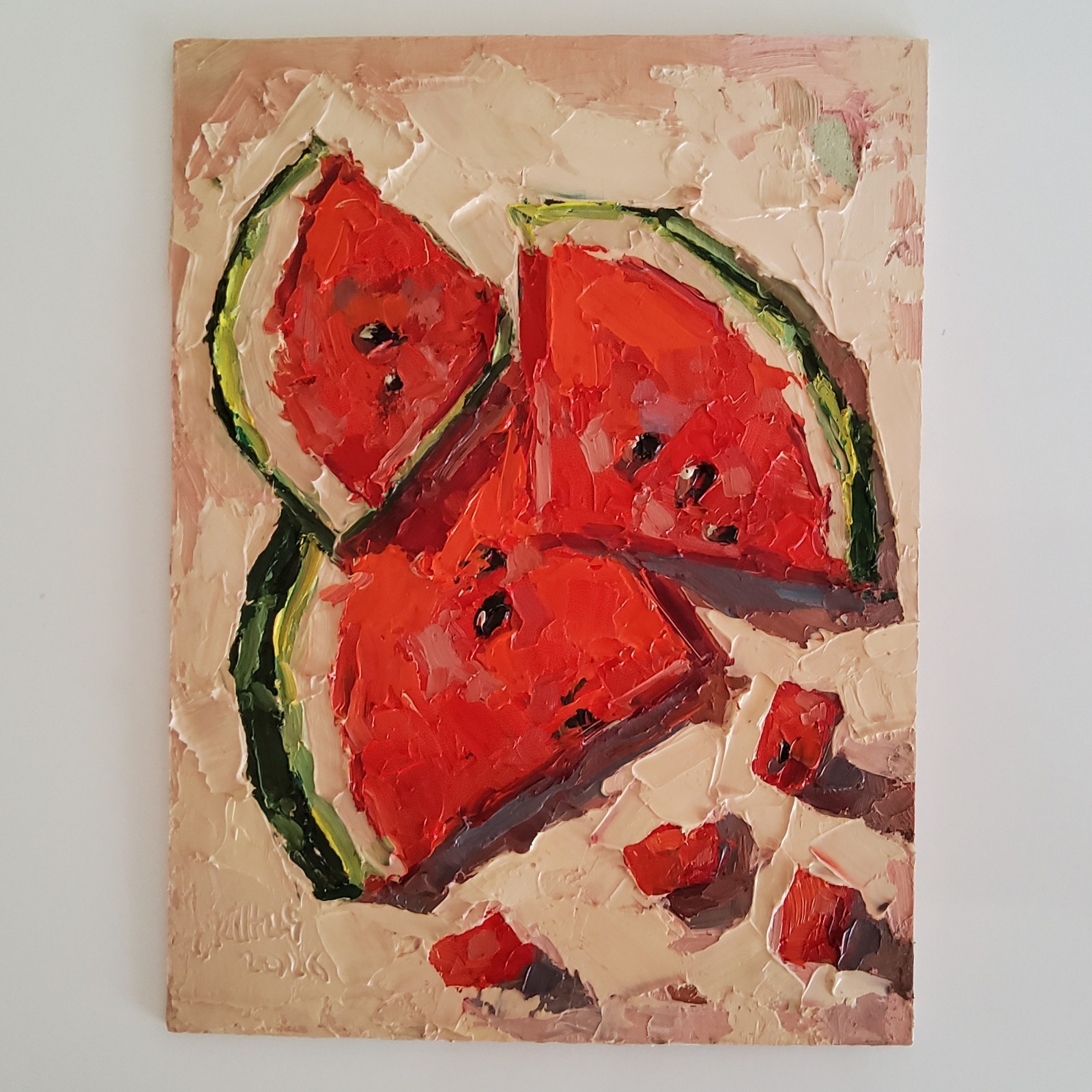 Watermelon Painting Original Oil Art Still Life Semi Abstract Wall Decor Painted