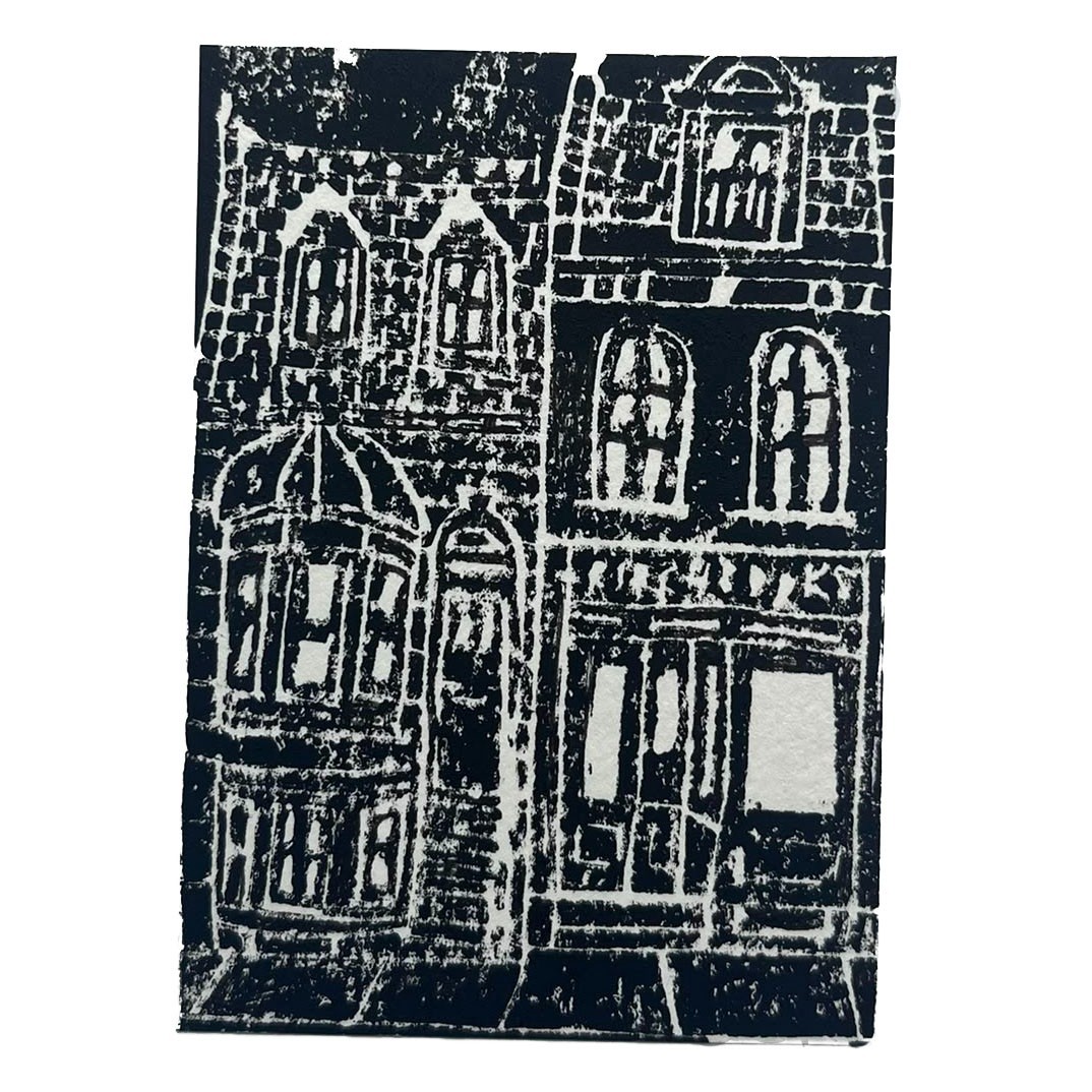 ACEO Original City Skyline Houses Linocut Illustration 3.5 x 2.5 in.