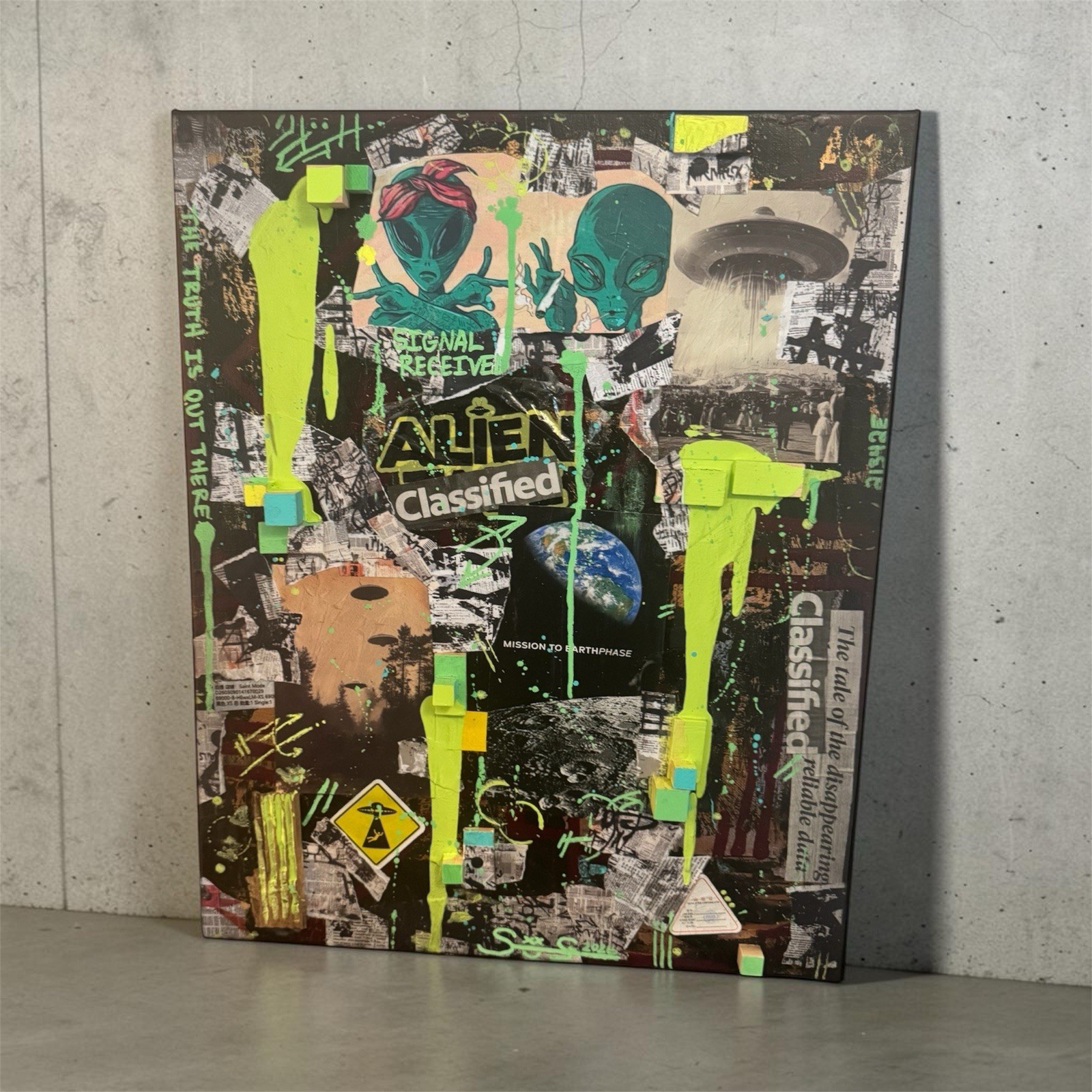Original Alien UFO Mixed Media Painting 16×20 Canvas Street Art Signed SSH 2026