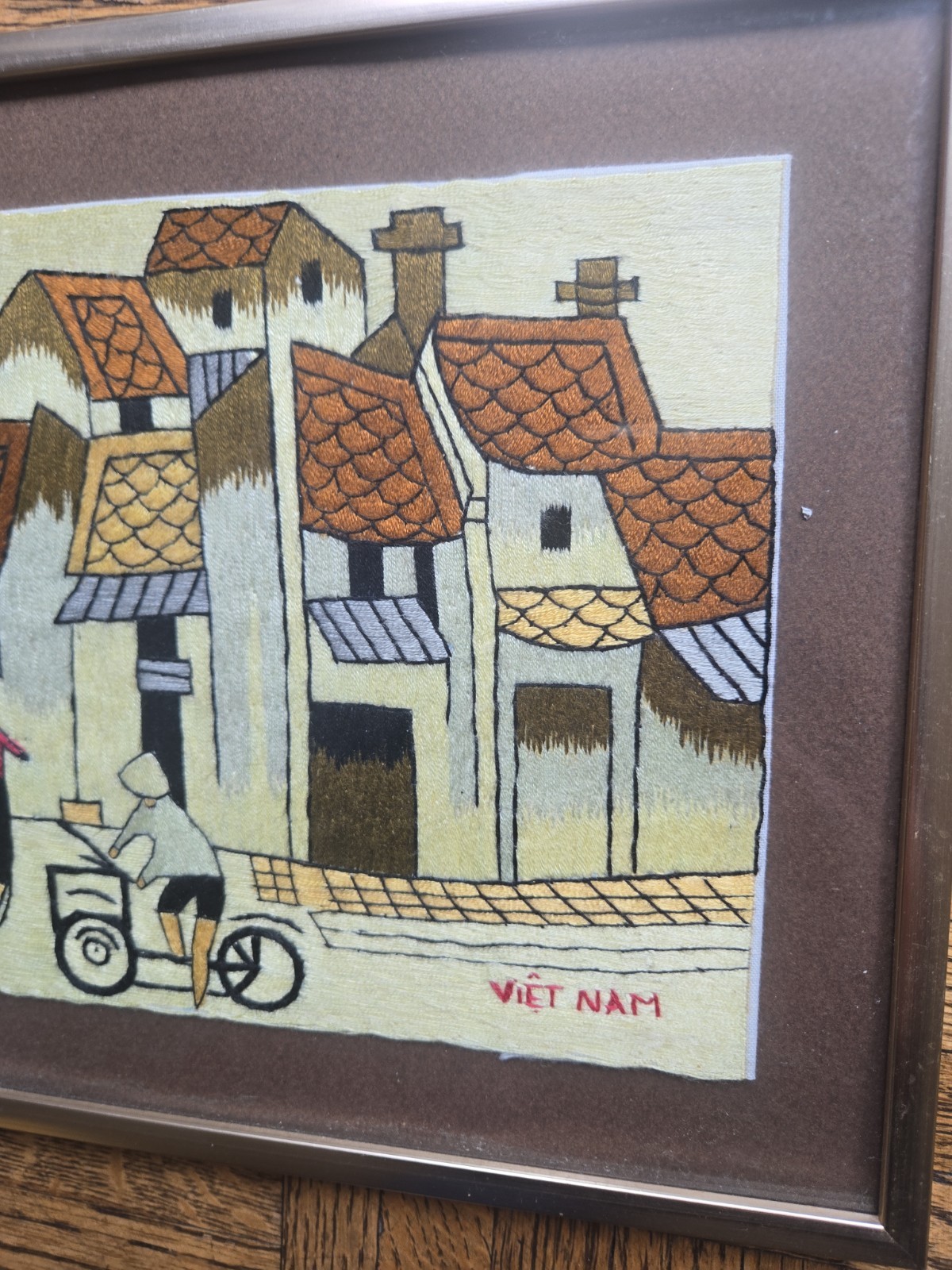 Vintage Hanoi Vietnam framed Sewn Silk Fabric Framed Art 10.5×8.5 Village