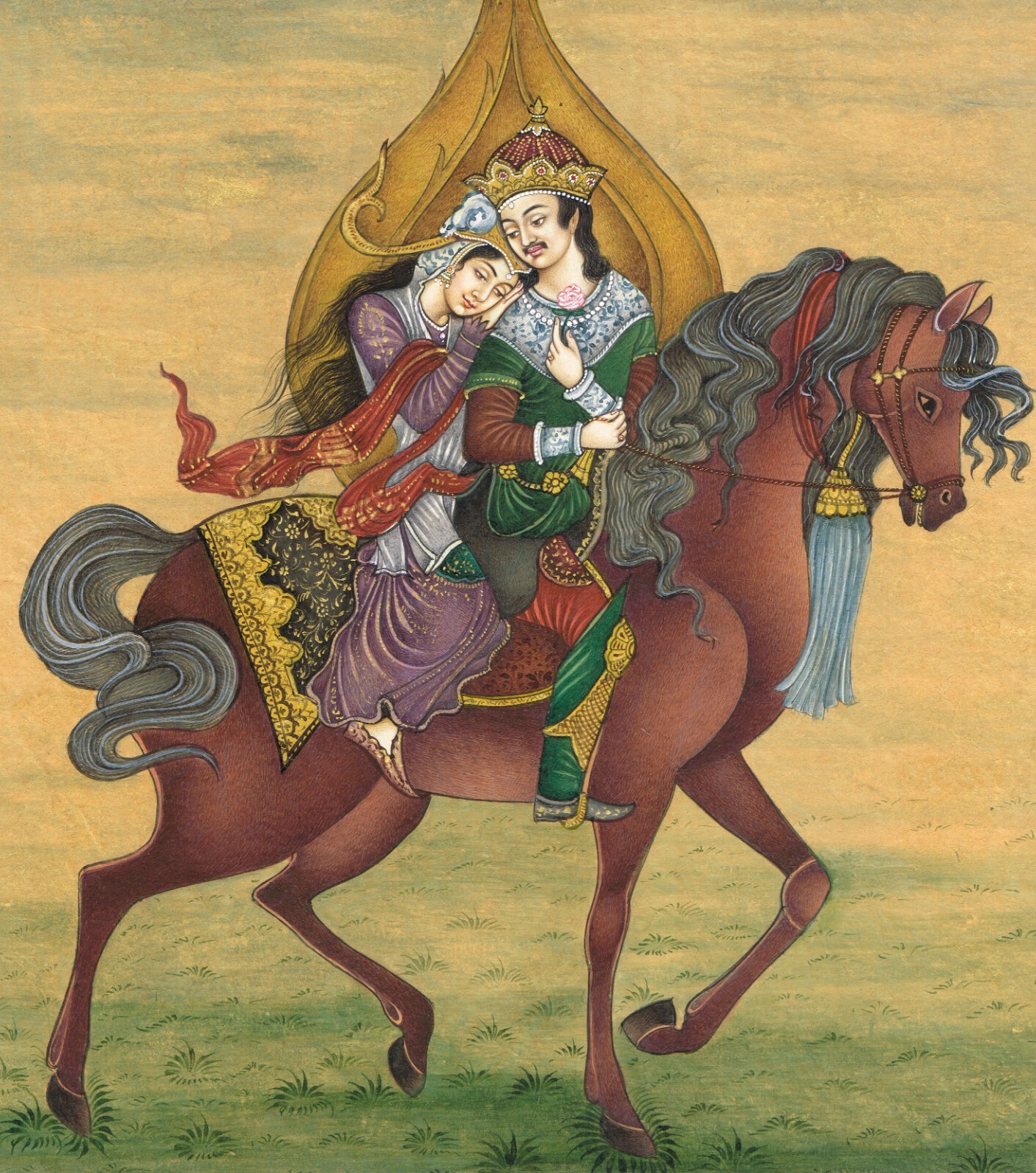 Persian Miniature Painting A Couple In Love Scene On Horse 10.25×13.5 Inches