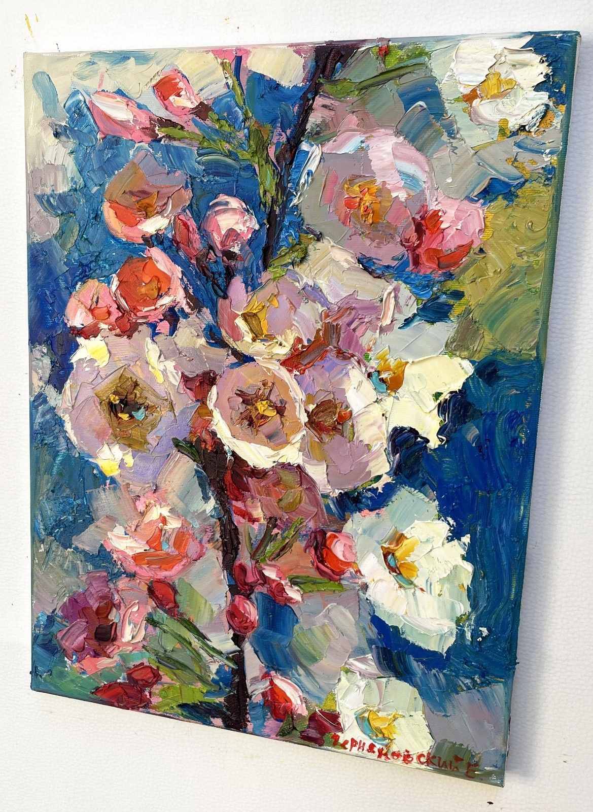 Flowers painting Original artwork Impressionism Oil on canvas by E Chernyakovsky