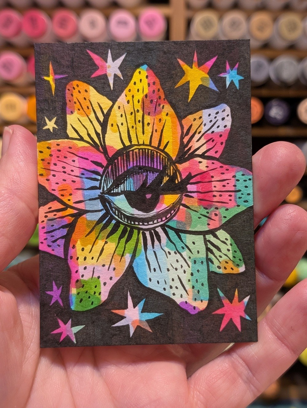 ACEO Original Art Card 2.5 x 3.5″ TIE DYED WHIMSICAL ORCHID signed by Kata Law
