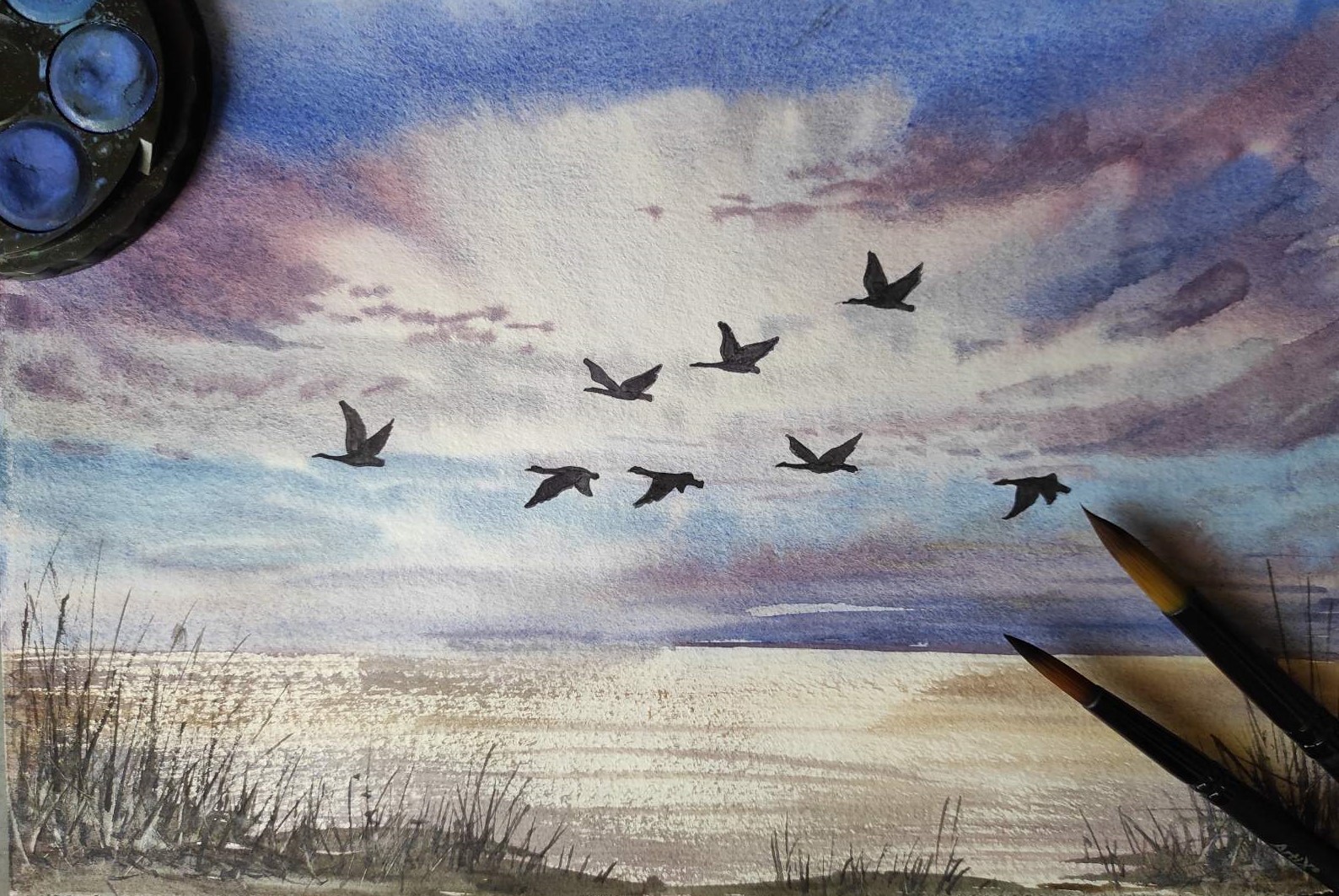 DUCKS FLYING Original Modern Artwork Painting Landscape GEESE FLYING Art Gift A4