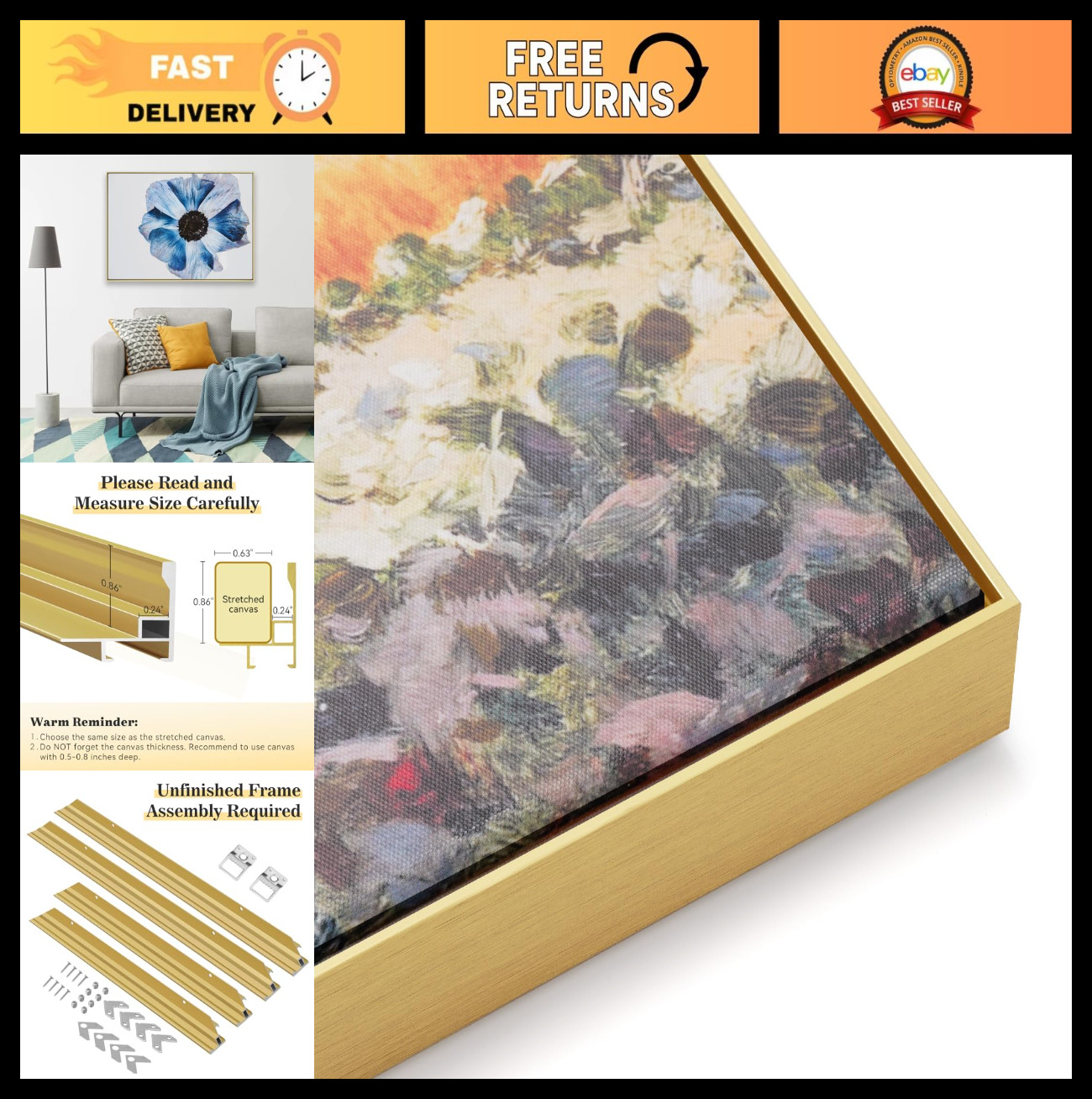 20×24 Canvas Floater Frame for DIY Art – Rustic Metal Frame, No Glass, Gold Fini