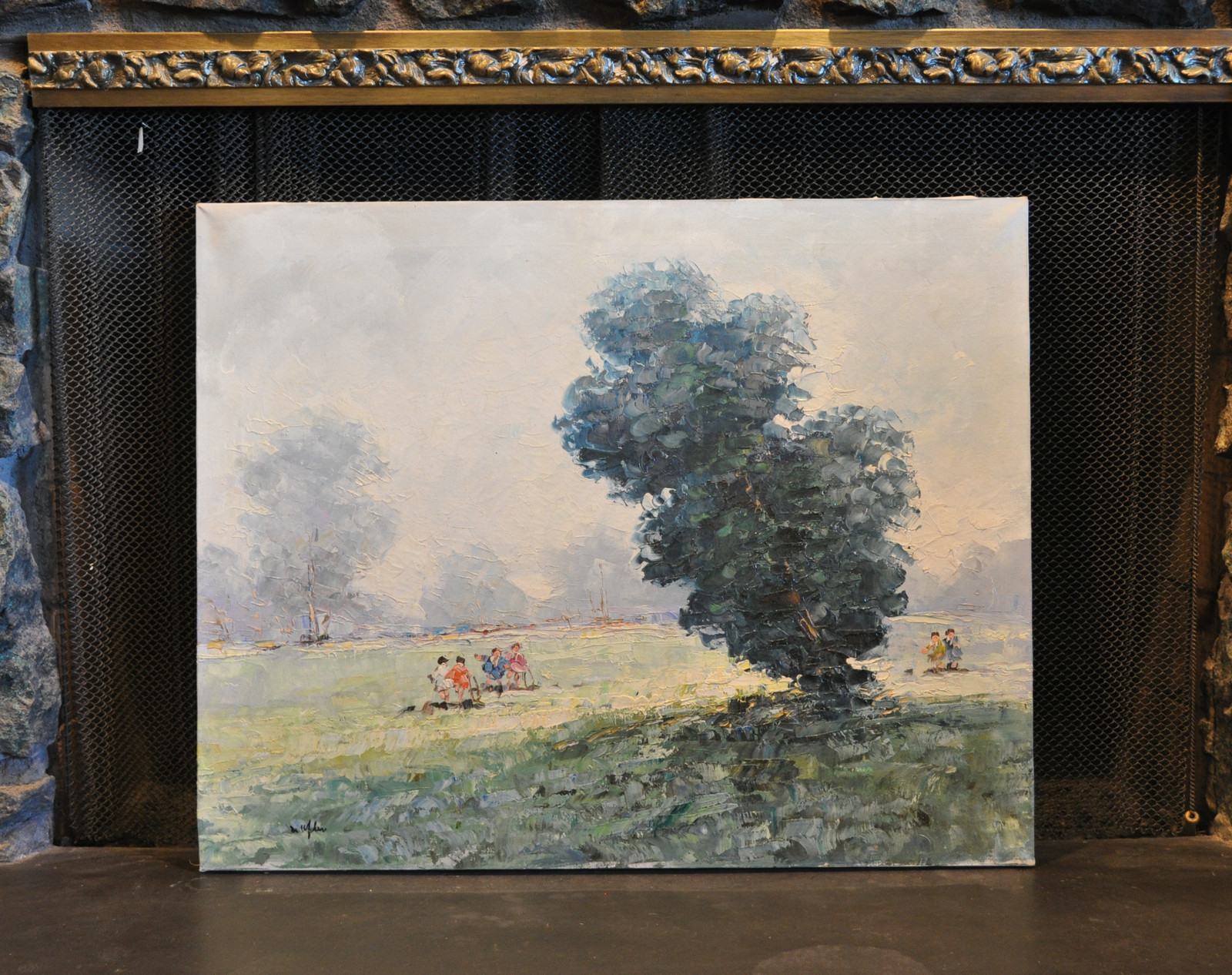 ORIGINAL IMPRESSIONIST PAINTING – CHILDREN PLAYING ON GRASS PARK FIELD & TREES