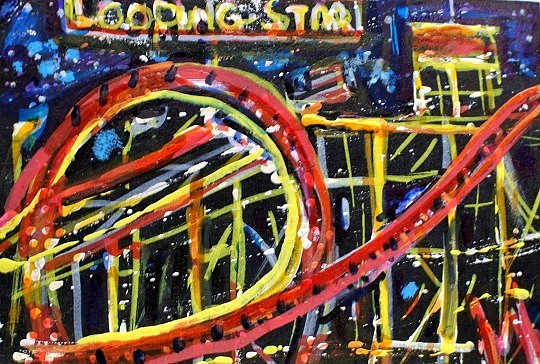 ORIGINAL ACEO Painting CARNIVAL Fair Amusement Park Ocean City Rides Fun ATC ART