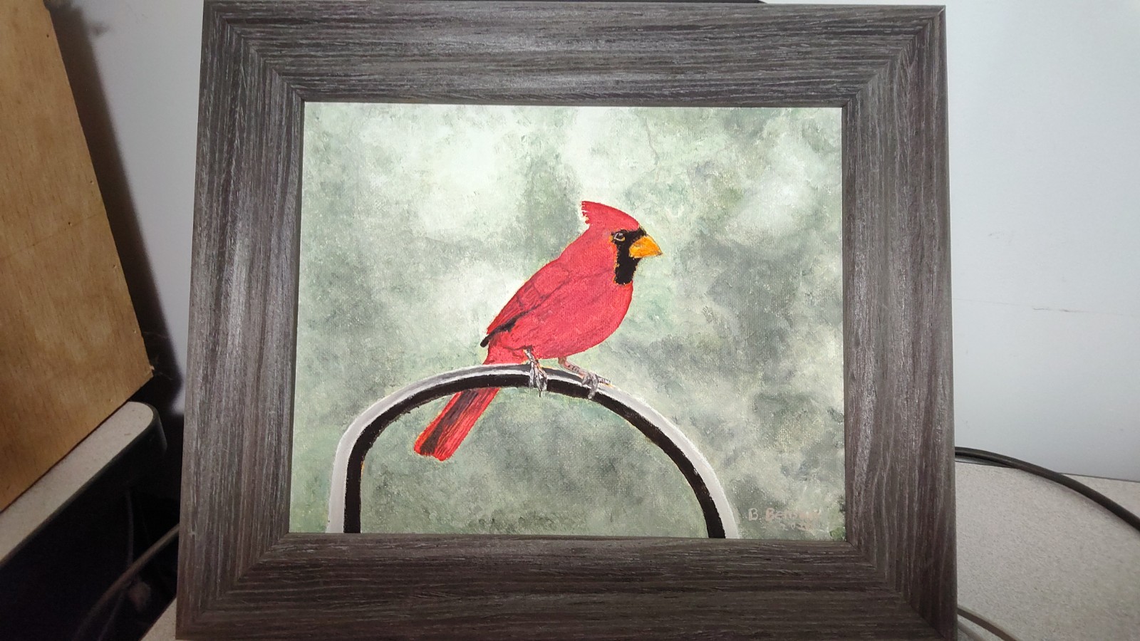 2020Red Cardinal Original Oil Painting «WATCHING OVER YOU» Framed 11″x13″ Signed