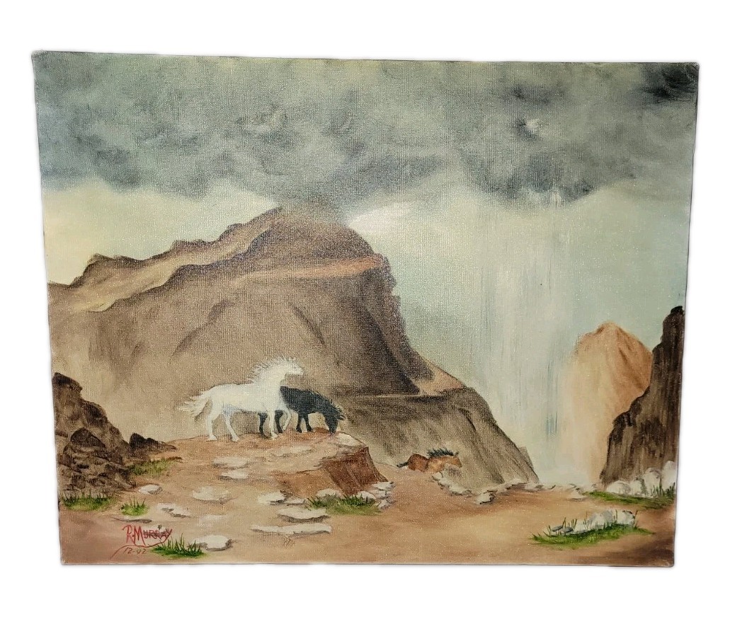Western Desert Horses Original Oil Painting Signed R Murray 1992 Artwork