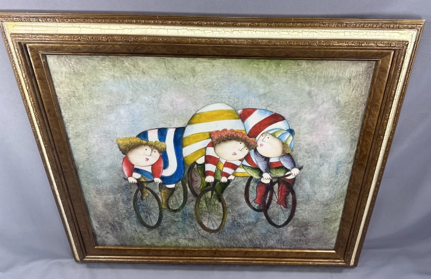 Joyce Roybal Signed Original Painting: Kids on Bicycle (Framed) 29 X 25