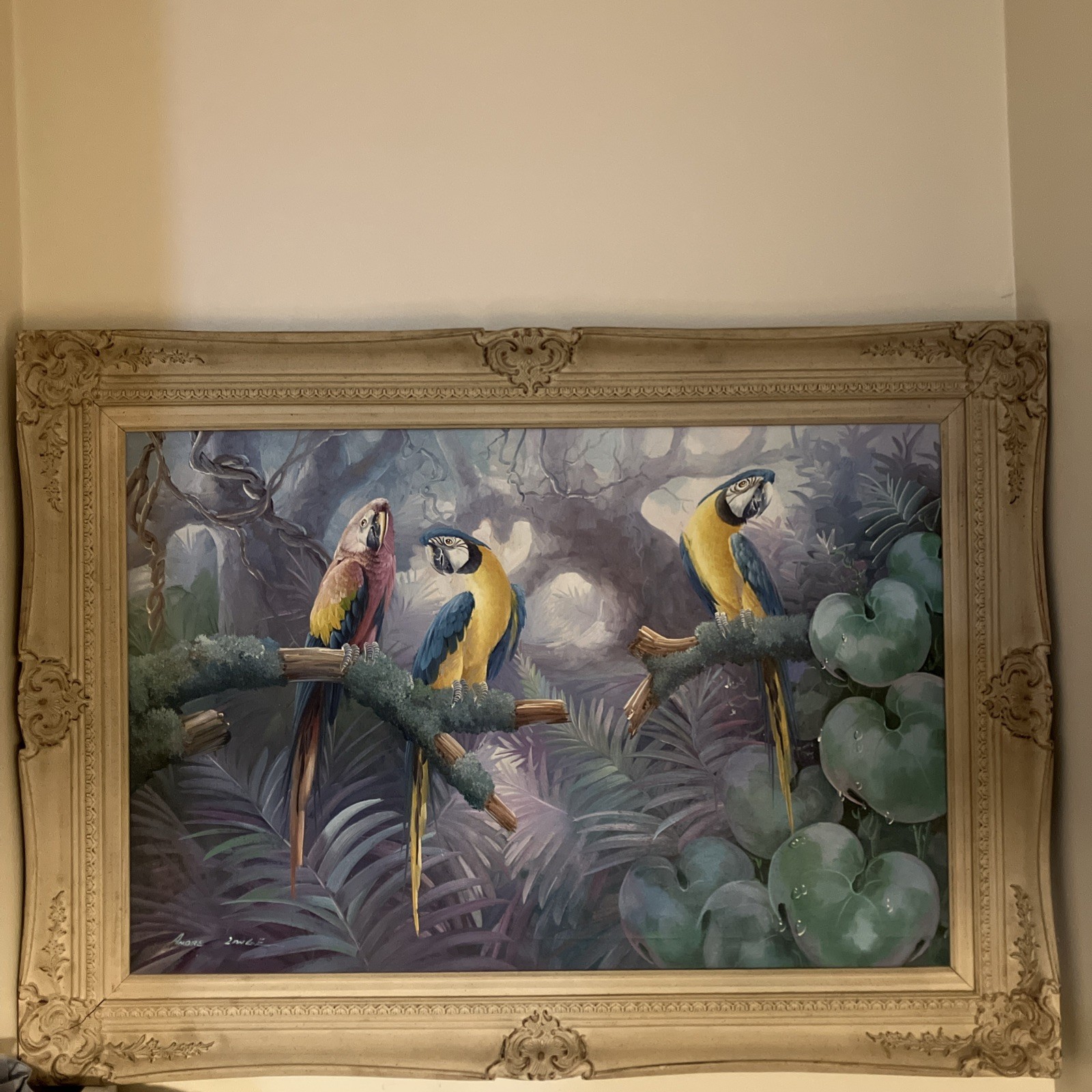 Andre Lange Framed Original Oil Painting On Canvas Three Parrots 48″ x 32″