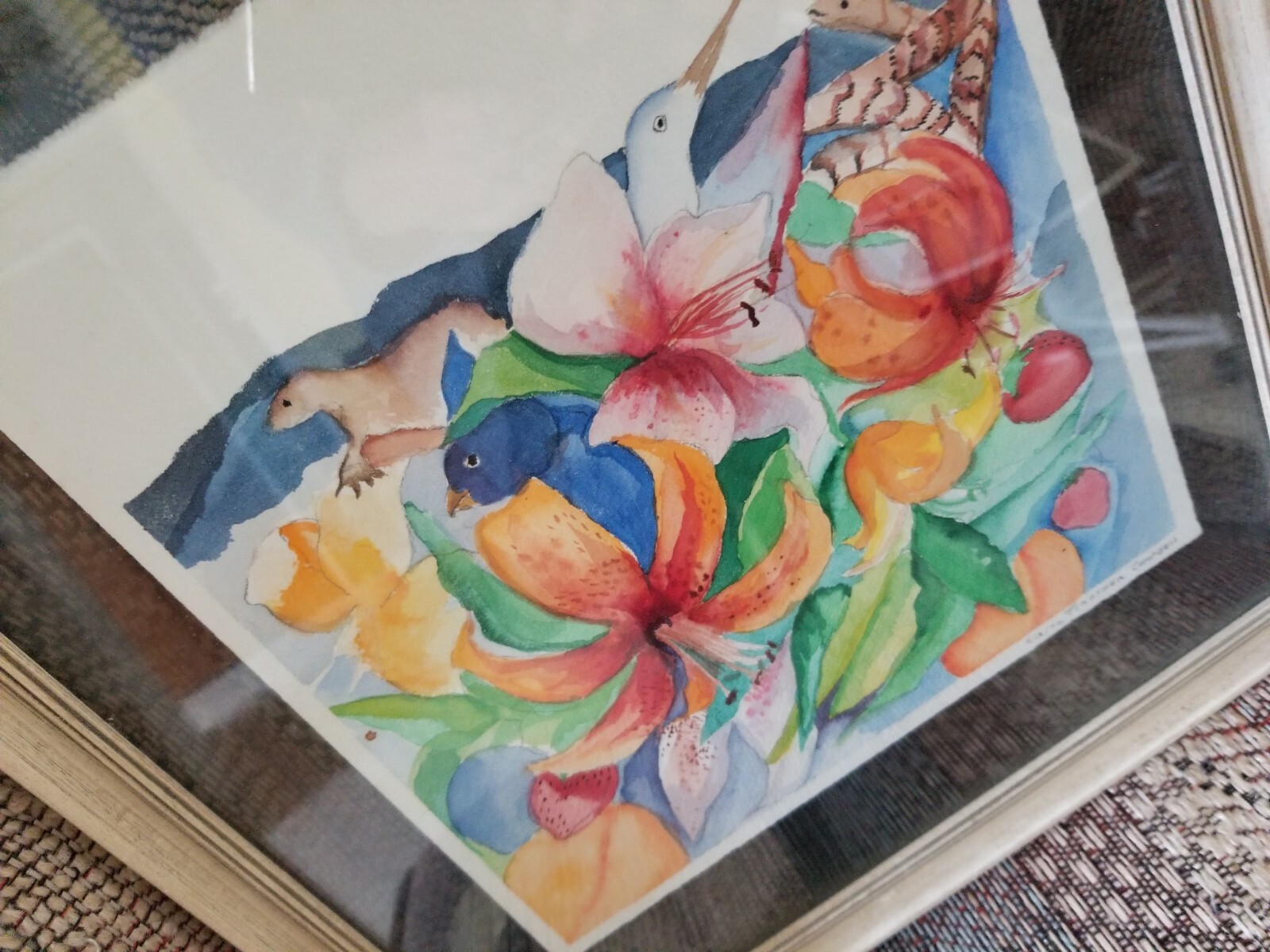 1972 Painting of Flowers & Animals By Timothea Campbell in Shabby Chic Frame
