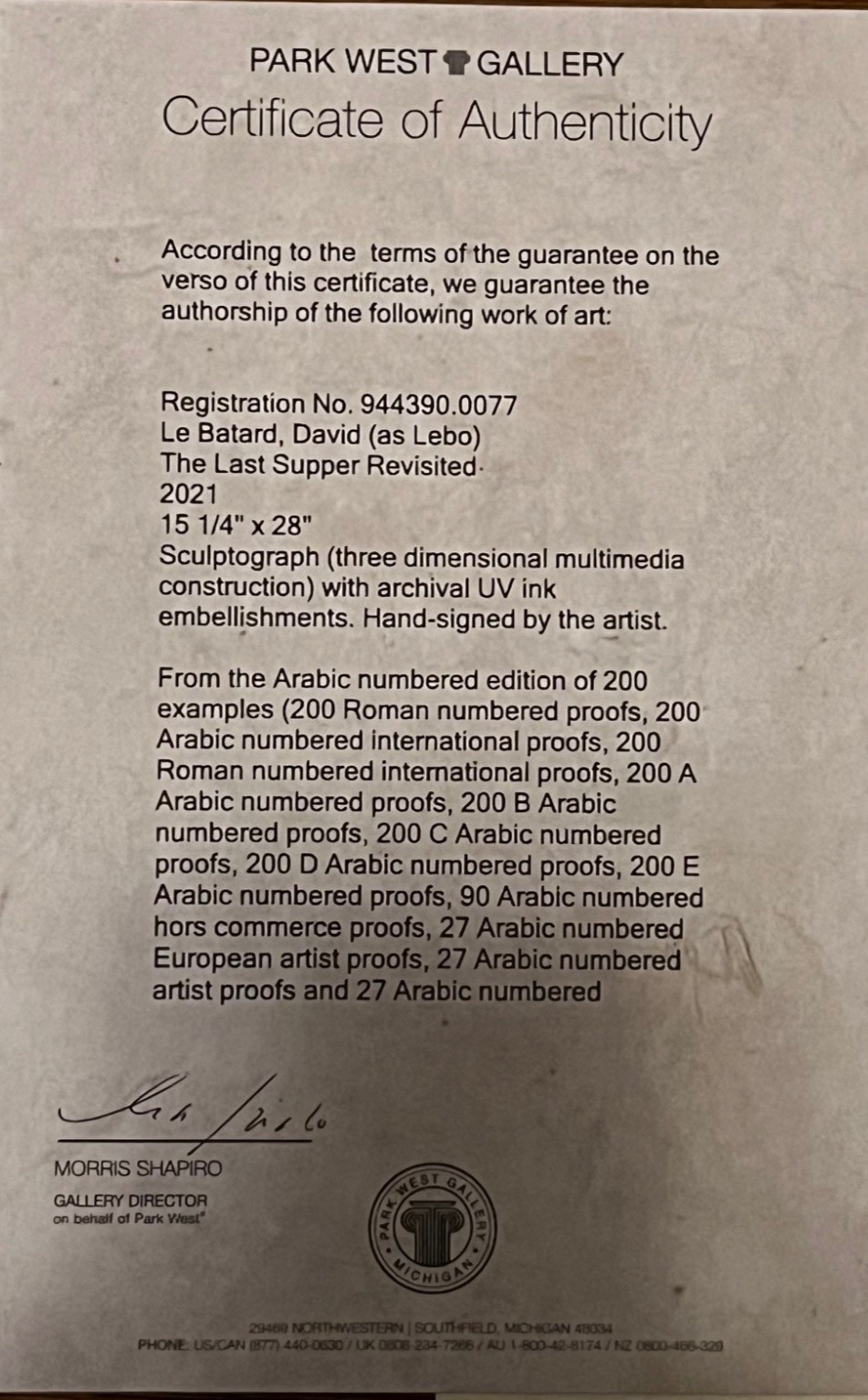 David Le Batard (LEBO) The Last Supper Revisited SOLD OUT ed, 3D Sculptograph
