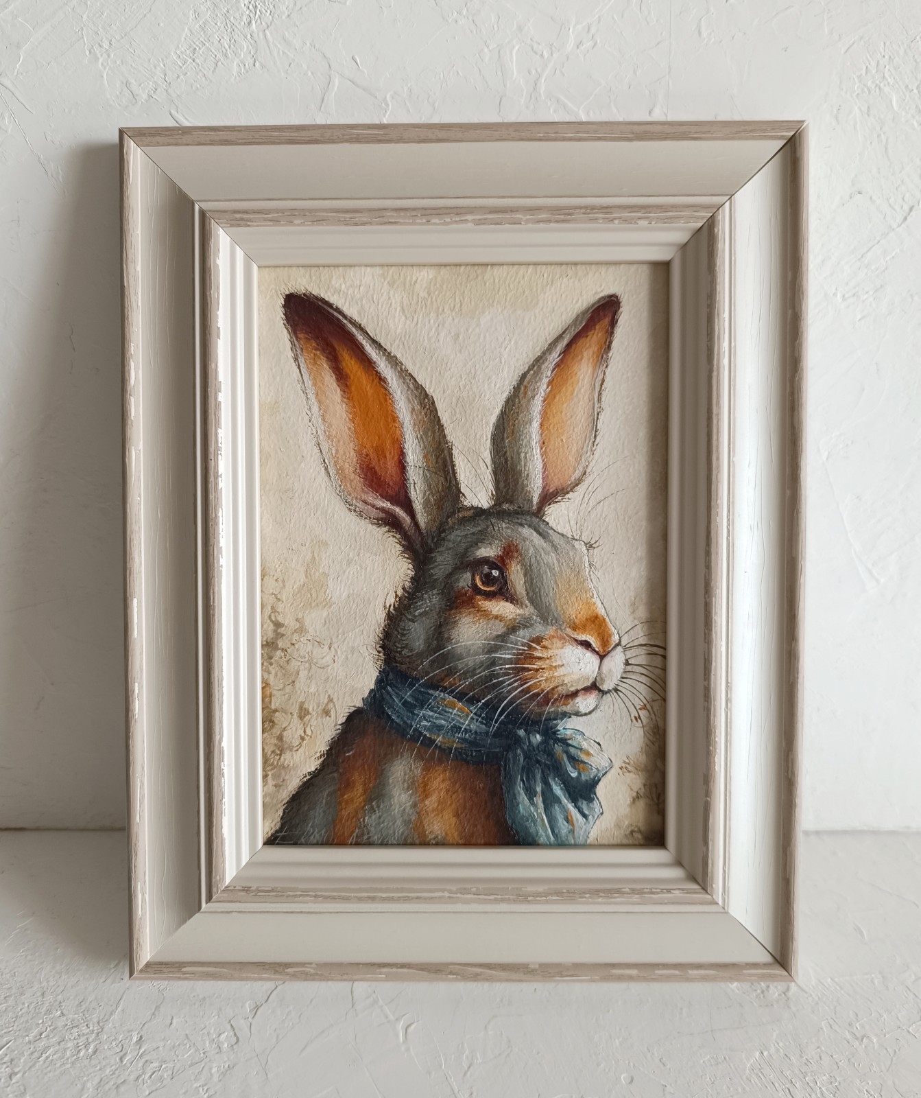 Rabbit in Scarf Original Oil Painting Framed Bunny Wall Art 5×7 in