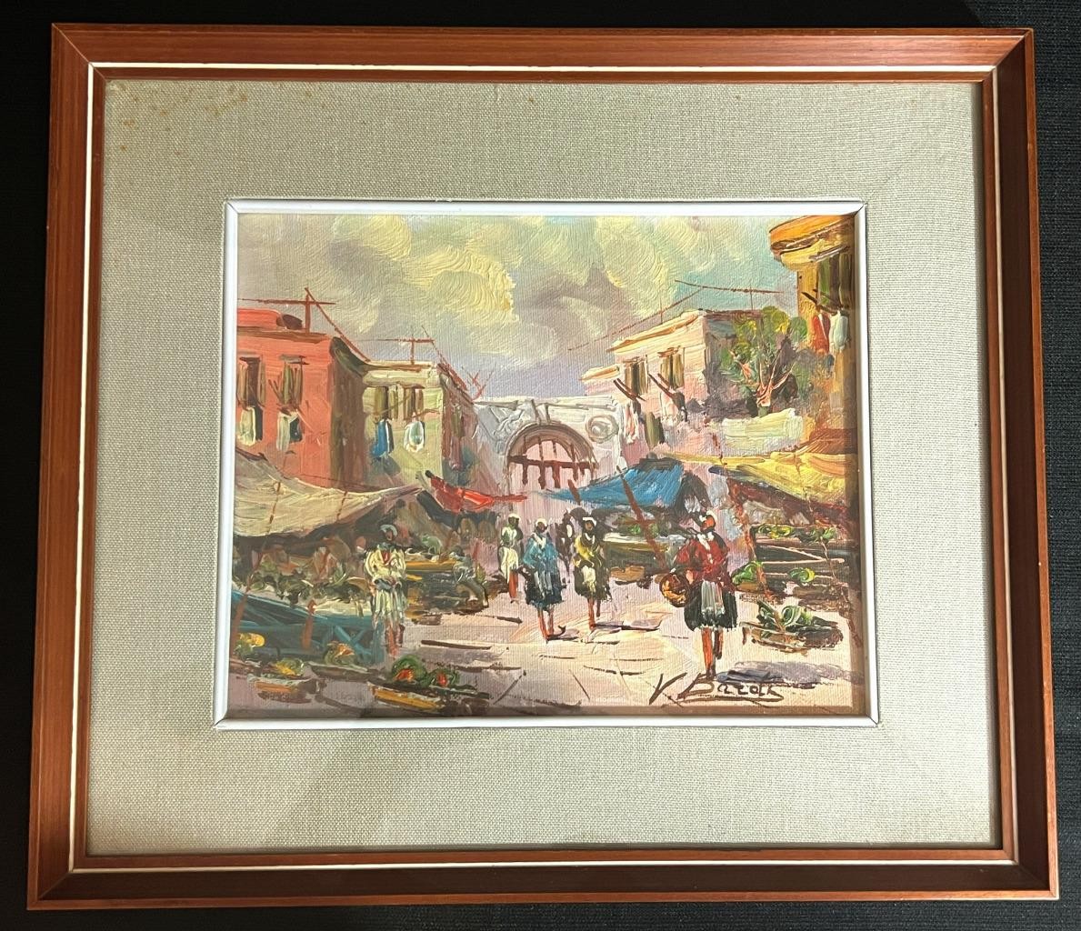 Vintage Original Artist Signed Marketplace Oil Painting Cityscape Landscape Art