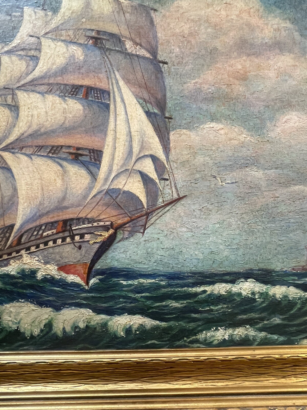 Antique Nautical Painting Seascape American Lighthouse Landscape Coastal Ship