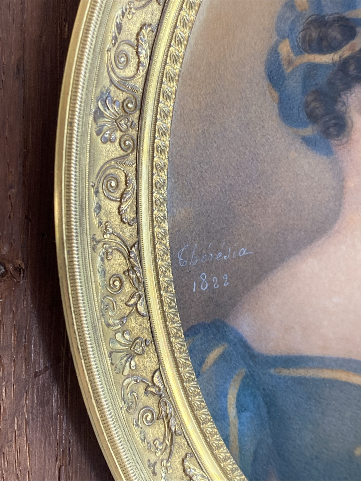 Russian Signed 19th Century Framed Oval Watercolor Portrait of a Woman, 1822