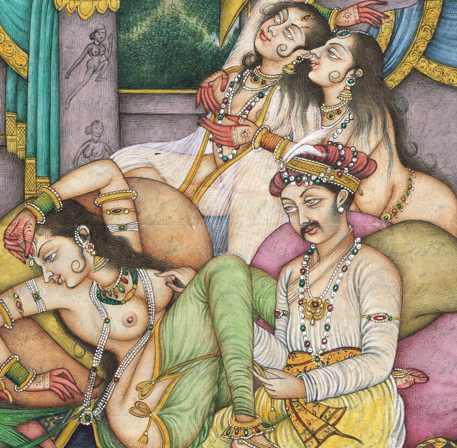 Mughal Harem Art Indian Painting A Mughal King With Women Love 8.25×13.5 Inches