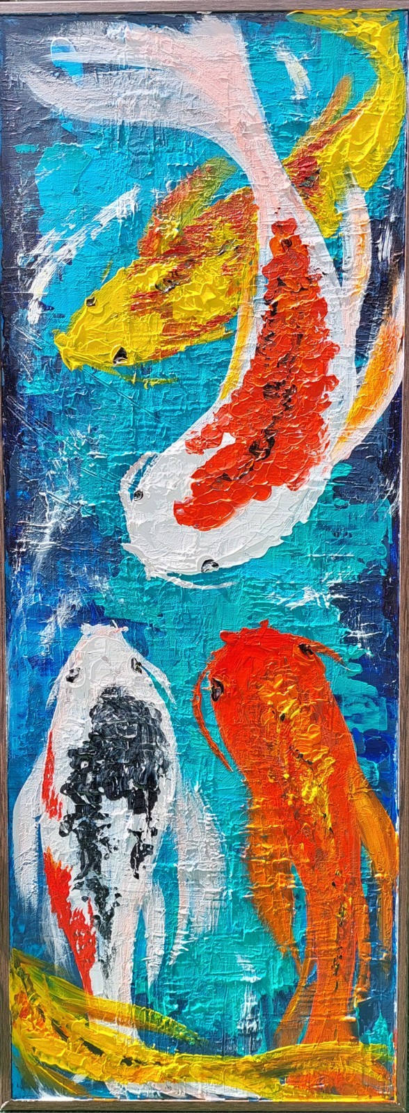 Acrylic original painting on board size 31x12x1.5 inches FRAMED SIGNED Koi pond