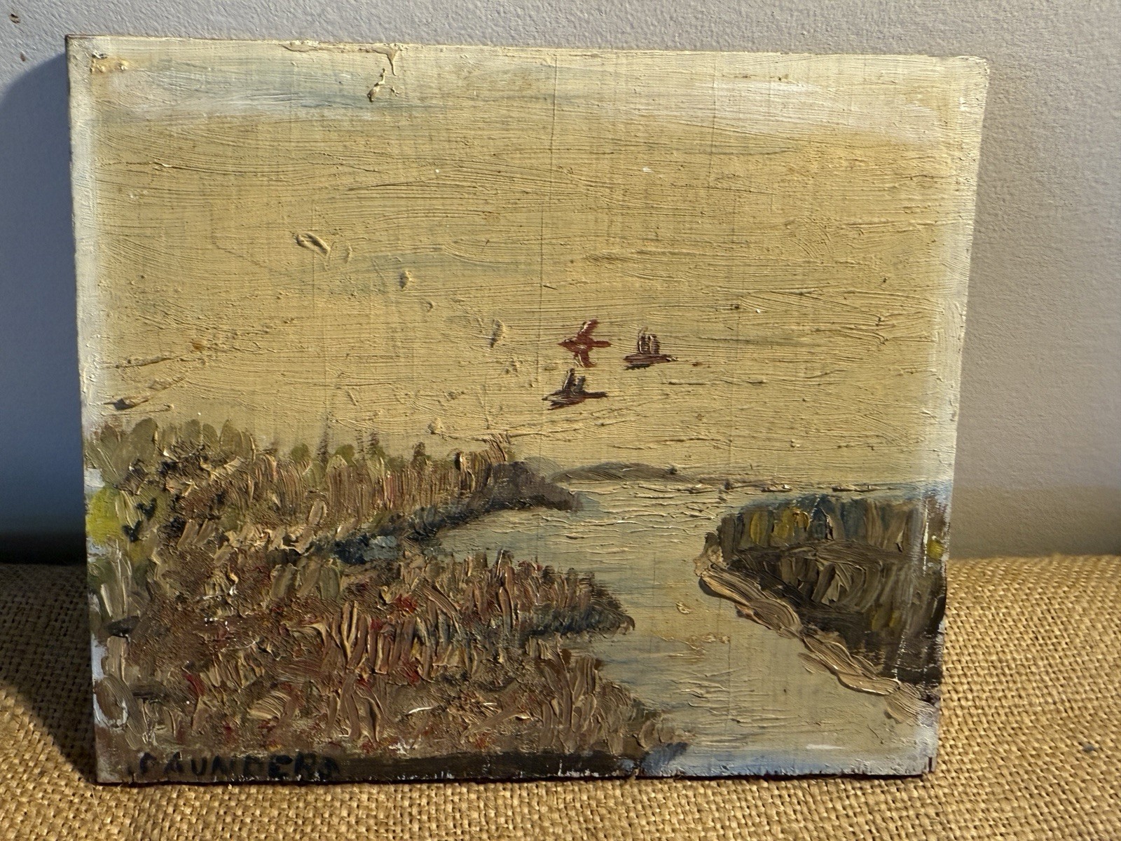 Oil Painting 1946 Haven (Massachusetts?) signed Saunders Waterfowl Marsh Ocean