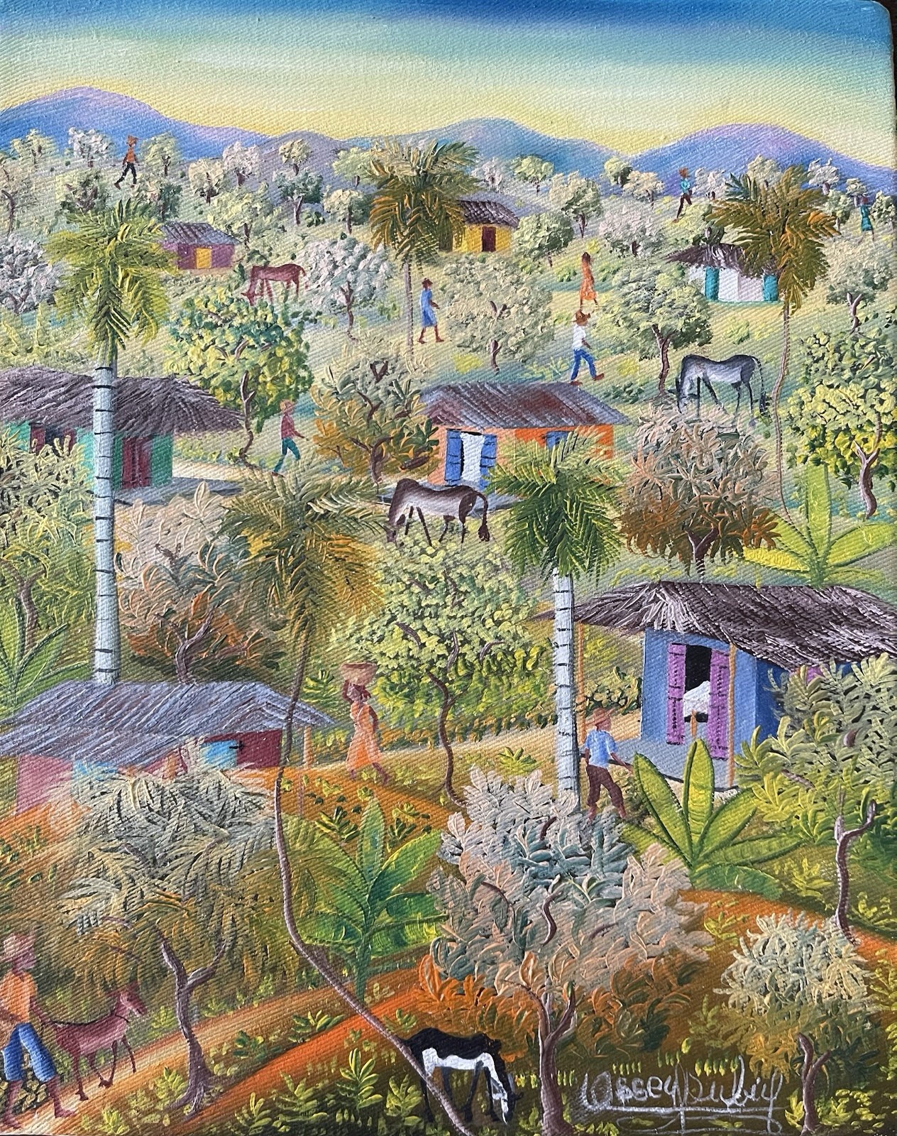 Vintage Ossey Dubic Haitian Folk Art Original Painting Village Life Landscape