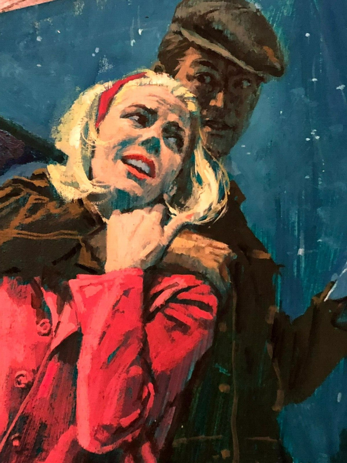 Published Pulp Illustration Painting Woman Broken Down Car Attacked By Man Knife