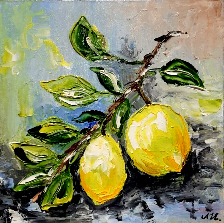 Original Oil Painting Citrus Fruit artwork Lemons on a branch Tree 8×8 in.