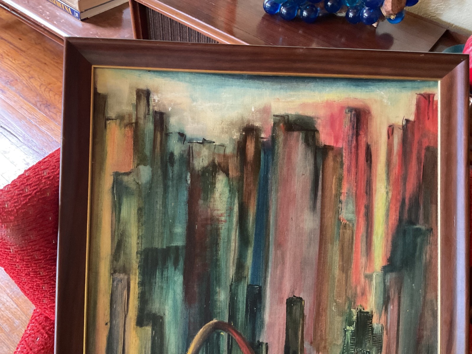 Vtg abstract PAINTING cityscape landscape mid century modernist mcm framed