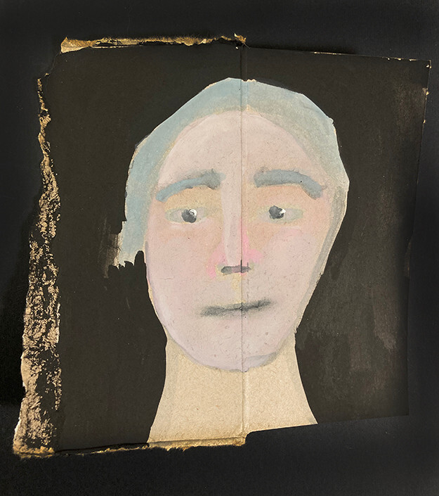 Woman Portrait Painting Original Pale Blue Naive Grungy Outsider Art Miz Katie