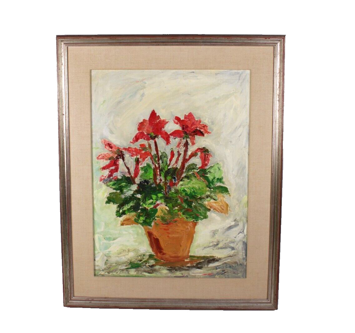 Vintage Still Life Red Flowers Floral Oil Painting Signed Lucy Larsen 1972