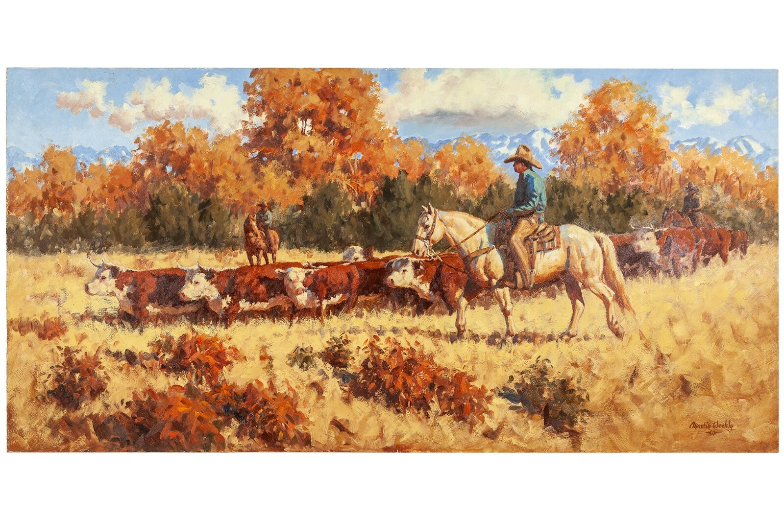 Original MARTIN WEEKLY (b. 1936) Painting 24 x 48 Cattle Cowboys