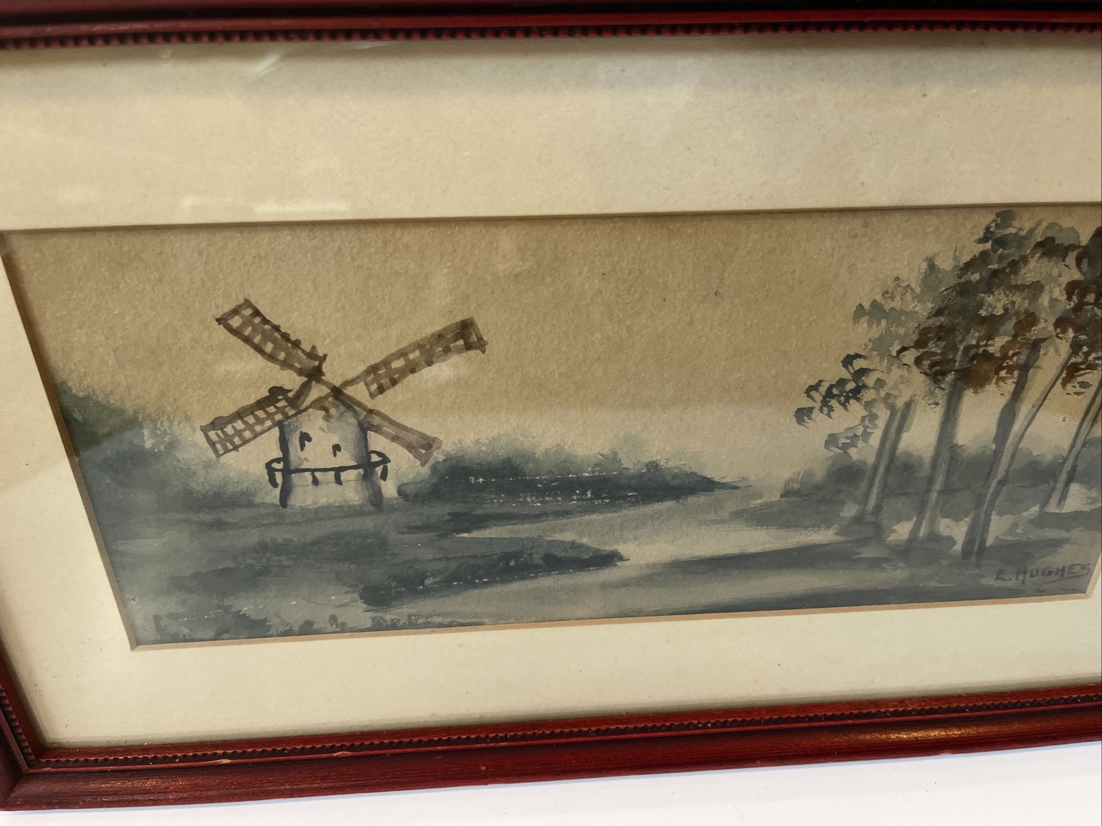 Antique Original E. Hughes Framed Watercolor Windmill 13” x 8”