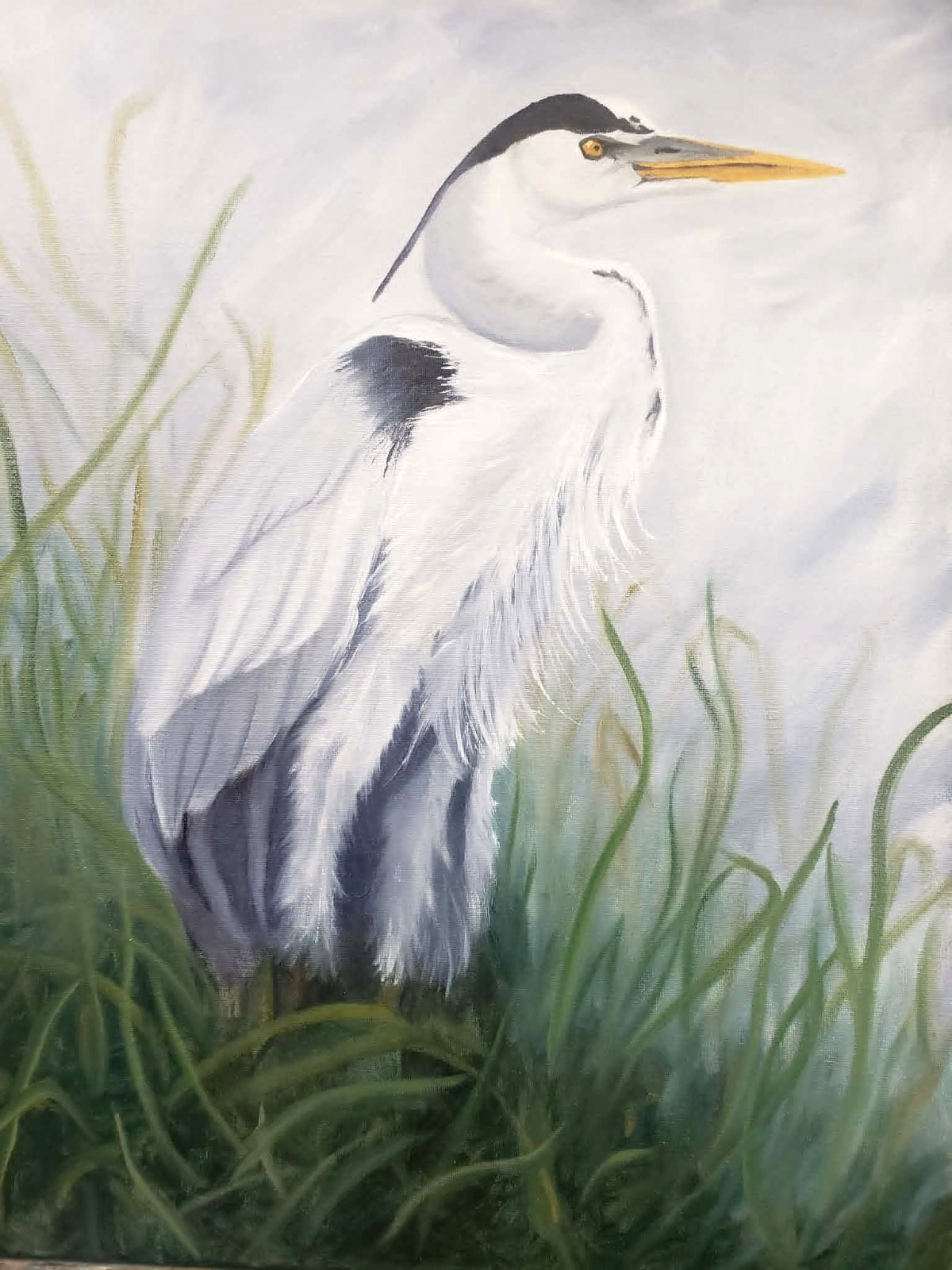 Original Oil Painting «Great Blue Heron in the Grass» By Artist Susan Delgado