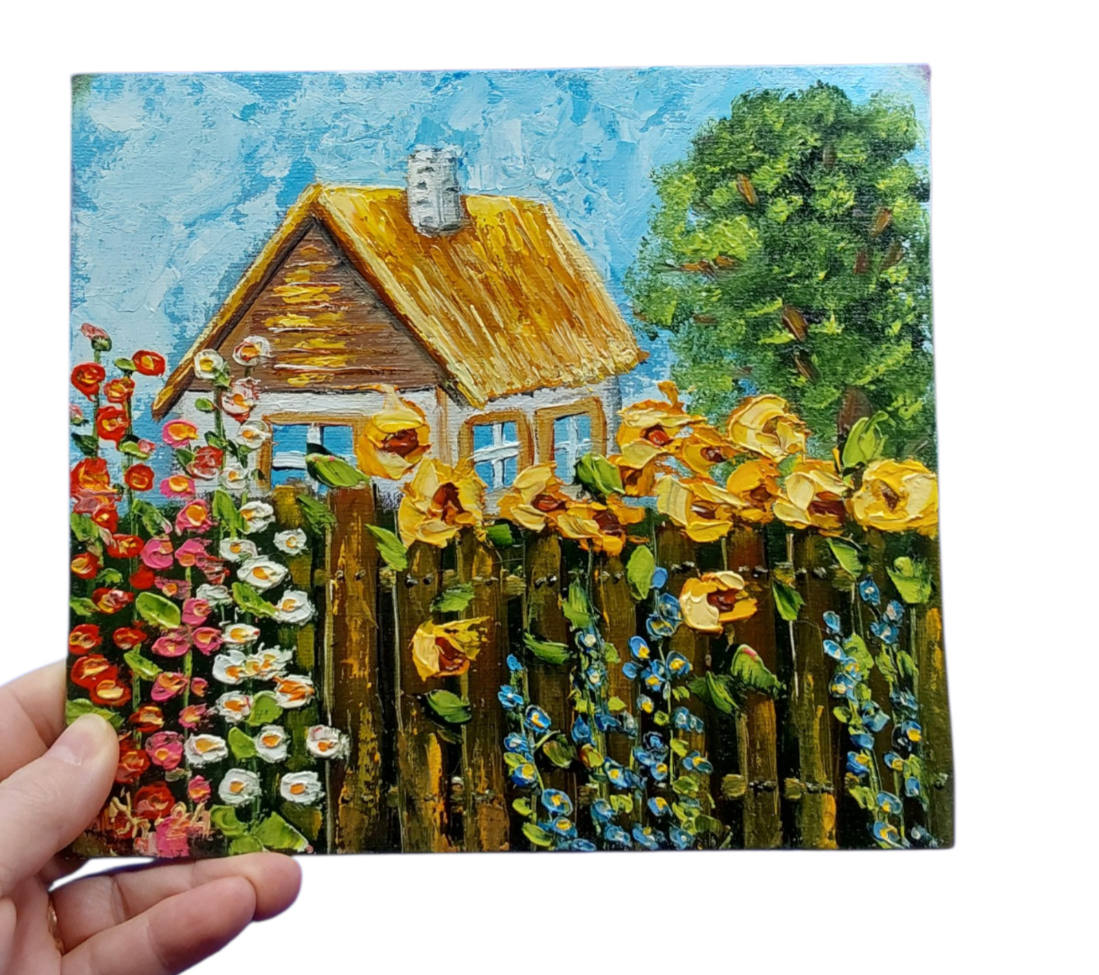 Original Rustic Cottage Painting with Sunflowers, Farm Art, Oil on Canvas 7×8 in