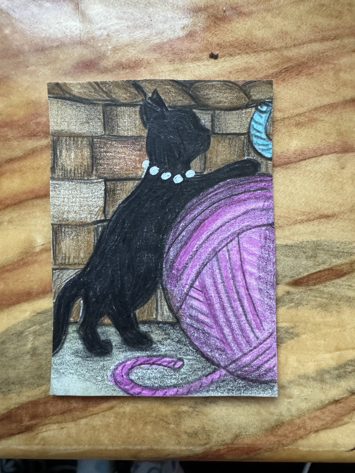Aceo Original Art Trading Card Big Ball Of Pink Yarn With Cat Art By Sommer Rayn