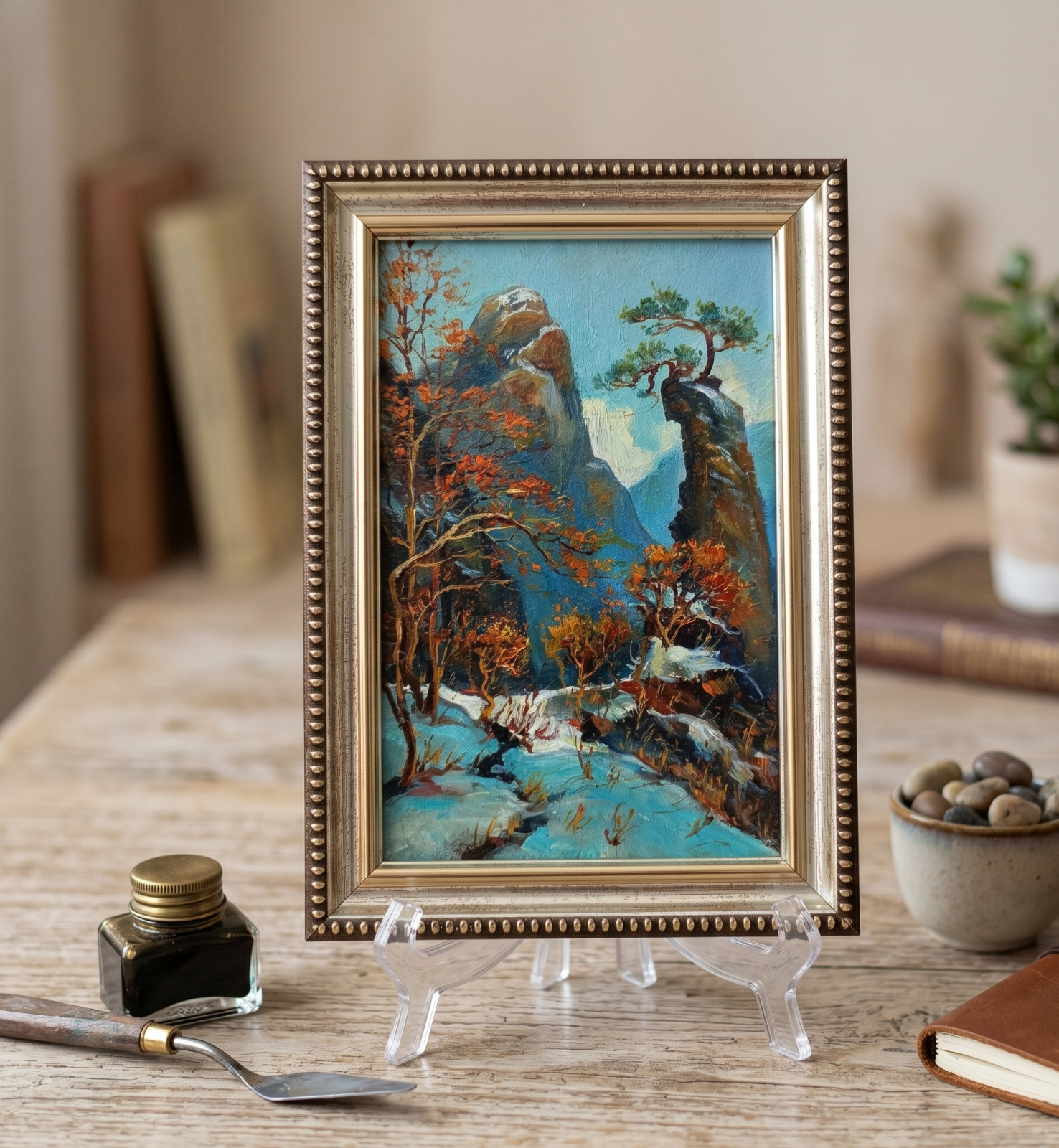 Mountain Landscape Original Oil Painting 4×6 Framed Signed Pine Tree Rock Art