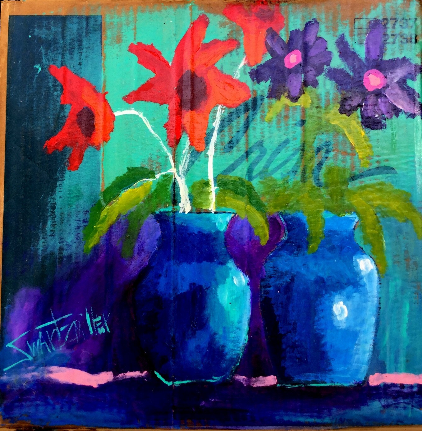 COLORFUL FLOWERS Painting SWARTZMILLER DNA SIGNED ART UPCYCLED unique ACRYLIC